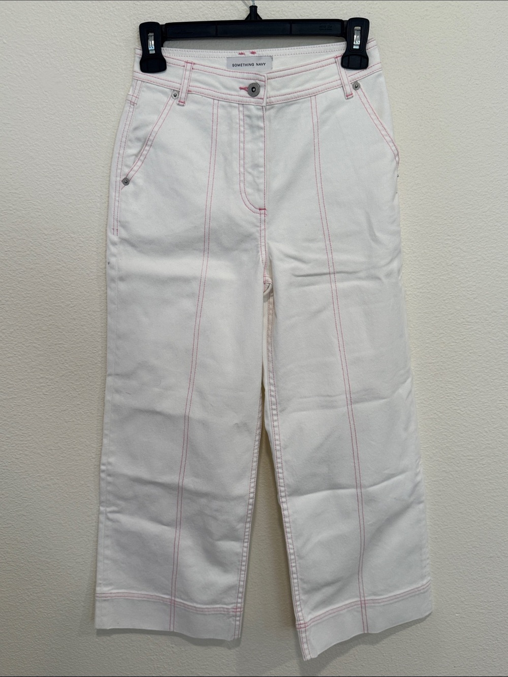 Something Navy Cream Wide-Leg Jeans with Pink Contrast Stitching